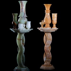 Two-Tone Carved Onyx Stand and Vase Set